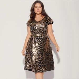 Bloomchic Elegant Black and Gold Geometric Plus 22-24 Party Sequin Dress
